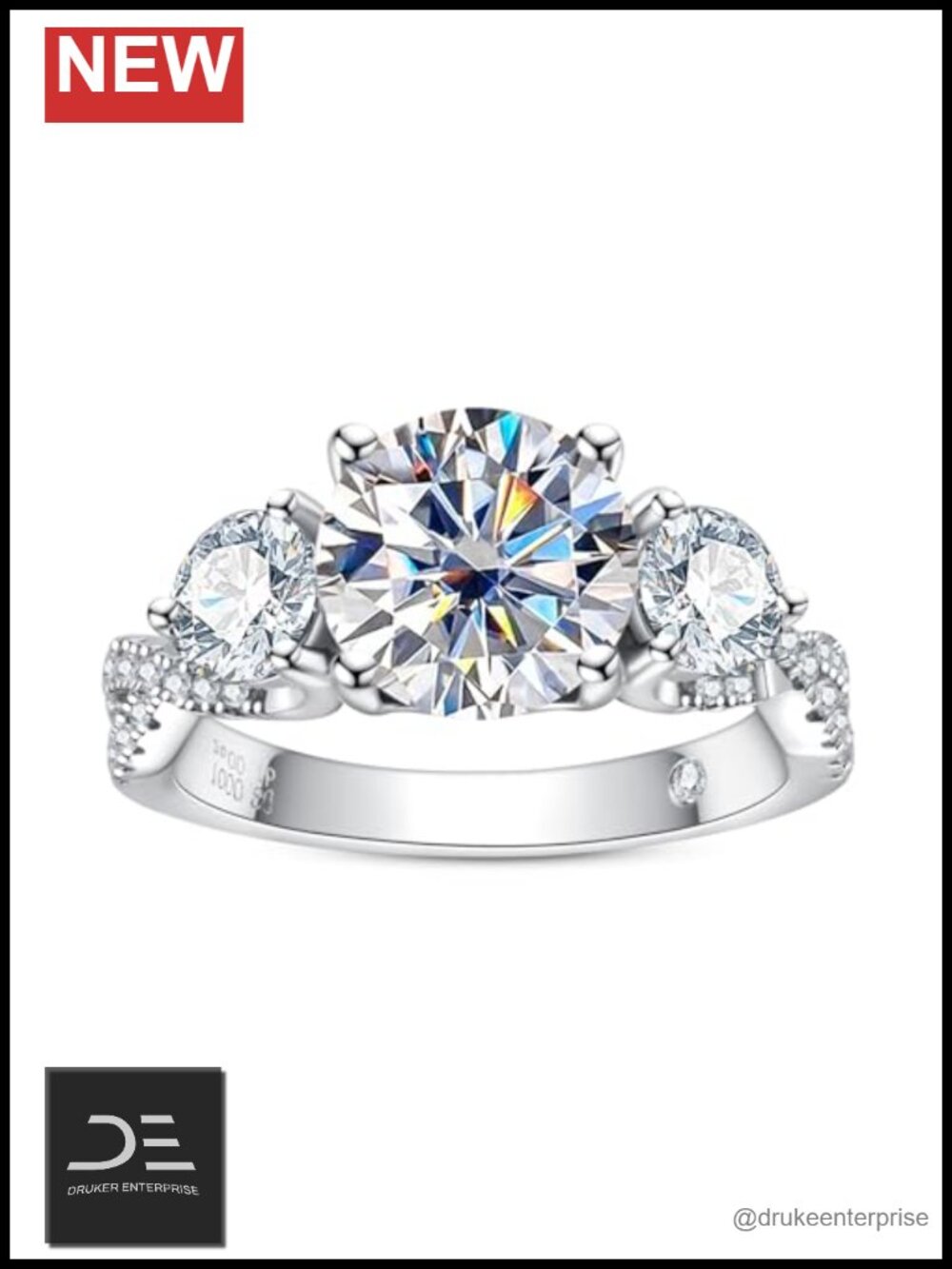 3 Stone Moissanite Engagement Ring 925 Sterling Silver 14K Gold Plated